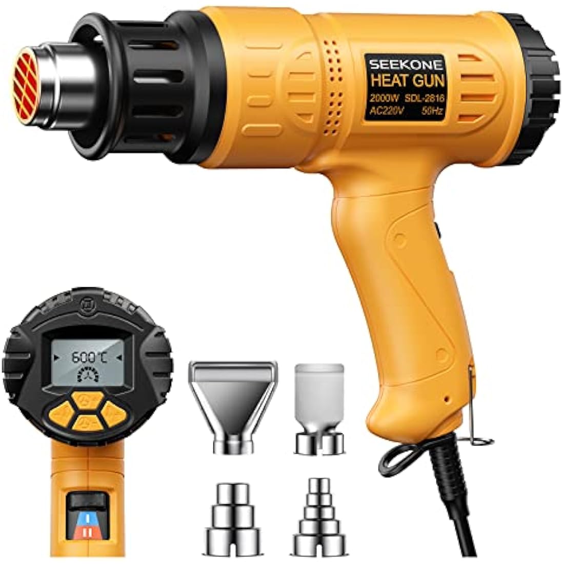 SEEKONE Professional Heat Gun 2000W 50℃- 600℃ with Large Digital LCD Display Industrial Hot Air Gun Kit Variable Temperature Control, Power-On Memory, ℃-℉ Conversion, Power-Off Delay Function