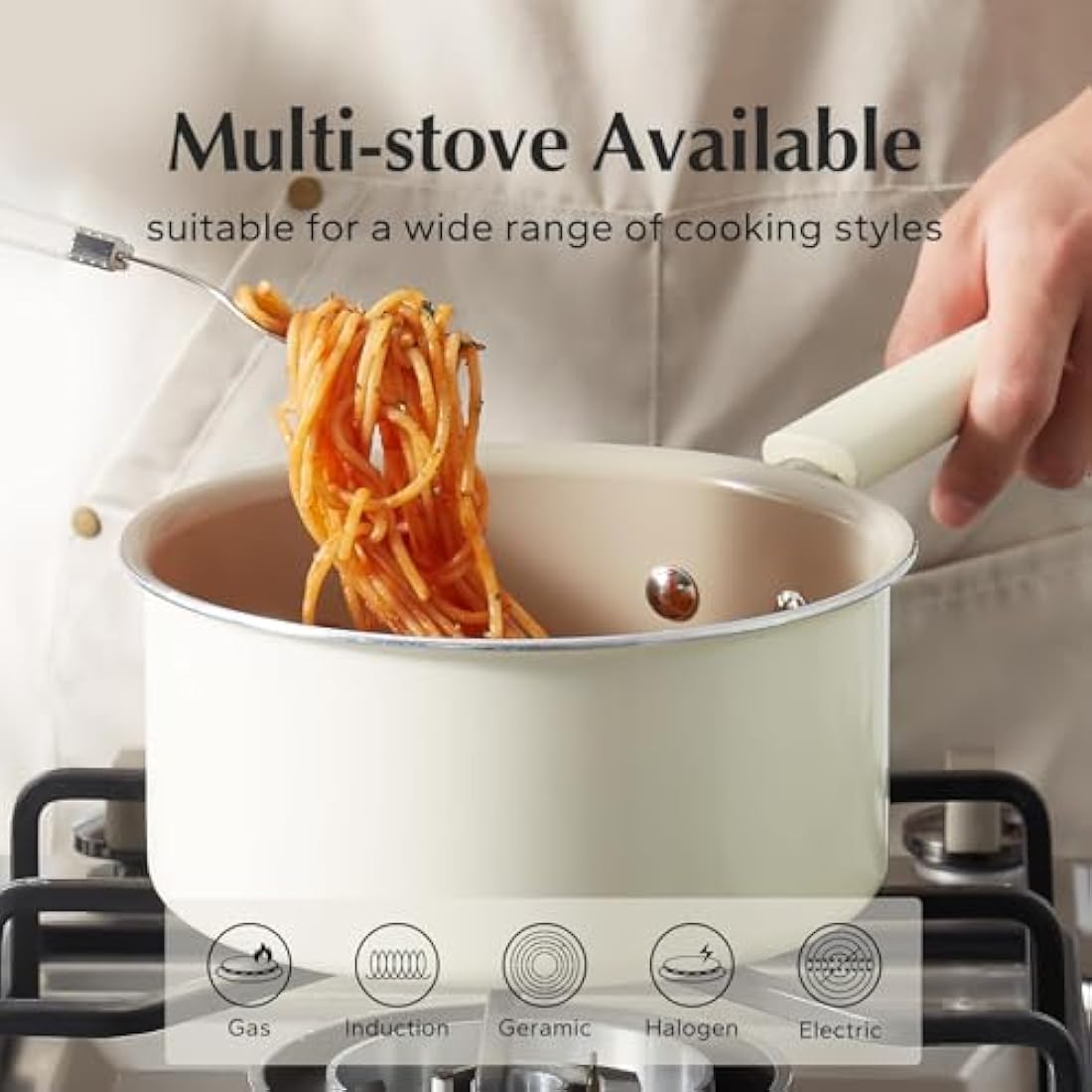 Redchef Ceramic Nonstick Saucepan with Lid,16cm Small Cooking Pot, Non Toxic Sauce Pans for Kitchen, Cool Handle PFAS Free Compatible with All Cooktops, White