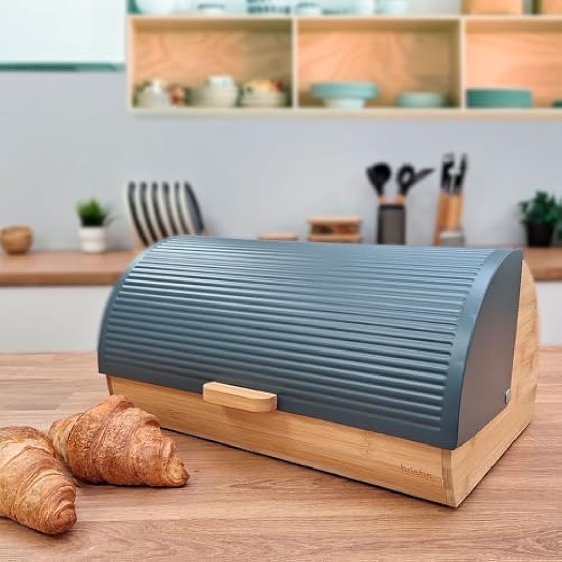 briebe Nordic Bread Box for Storage of Table Bread Bamboo Wood, Sliding Lid, Bread Box for Storage Bread and Pastries, Modern Nordic Design, Grey