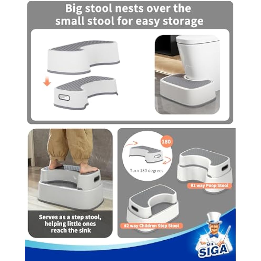 MR.SIGA Toilet Stool Squat Adult, Bathroom Stool Heavy Duty, Anti Slip Toilet Step for Bathroom, Toddler Step for Kids