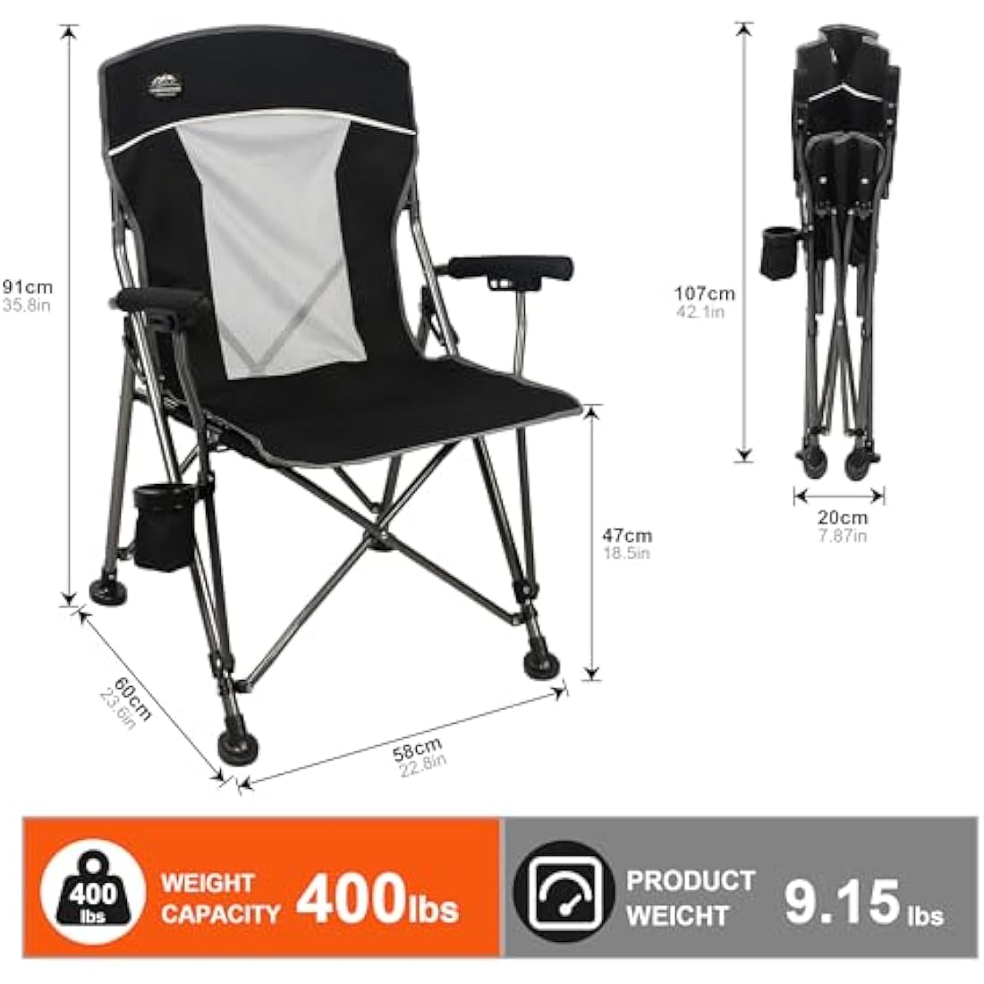 LANMOUNTAIN Camping Chair with Padded Hard Armrest,Cup Holder,Heavy Duty for Adults,Mesh Backrest,Portable Lawn Lightweight Outdoor Camp Chair,Support up to 400lbs