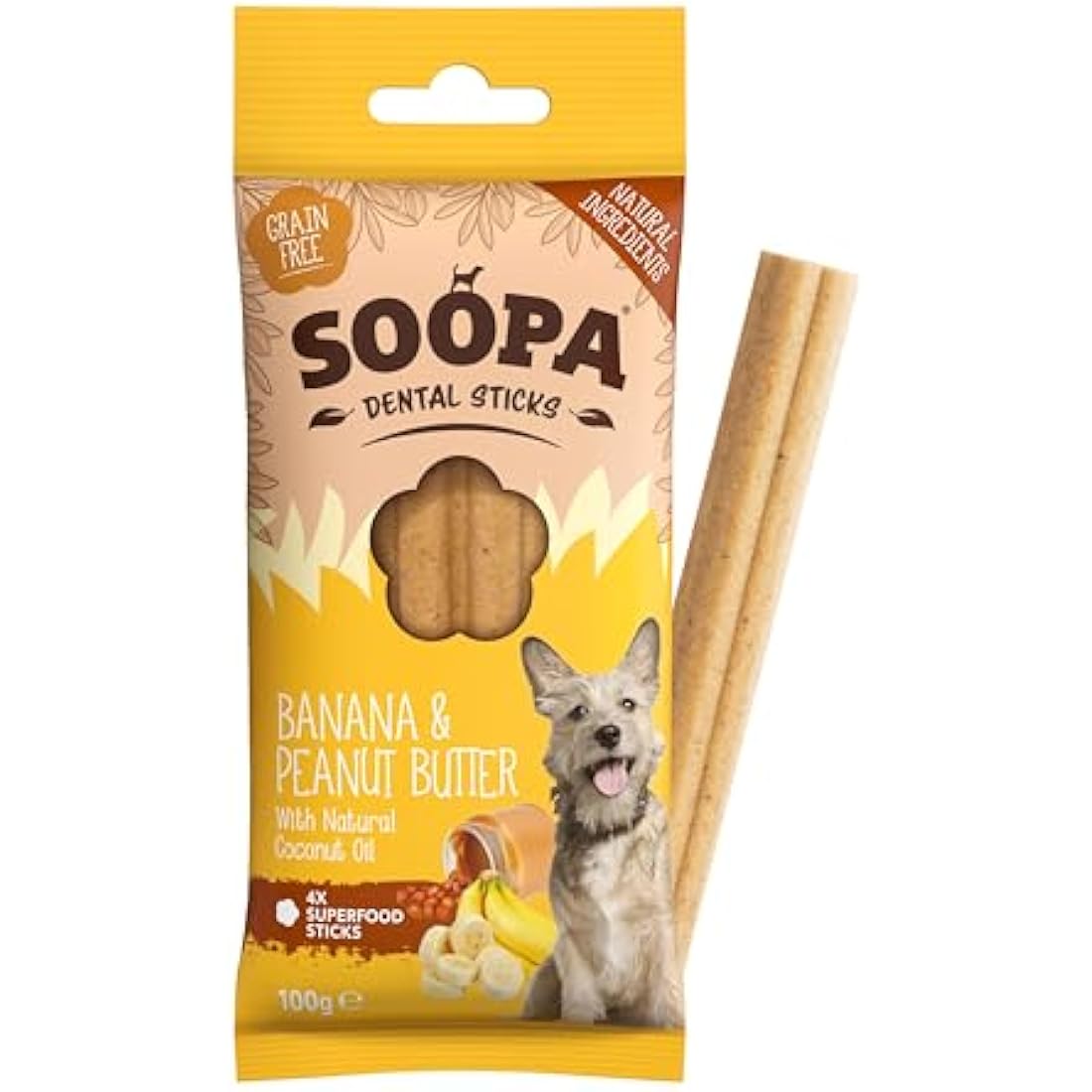Soopa Grain Free Banana and Peanut Butter Dental Dog Treats, 4 Sticks