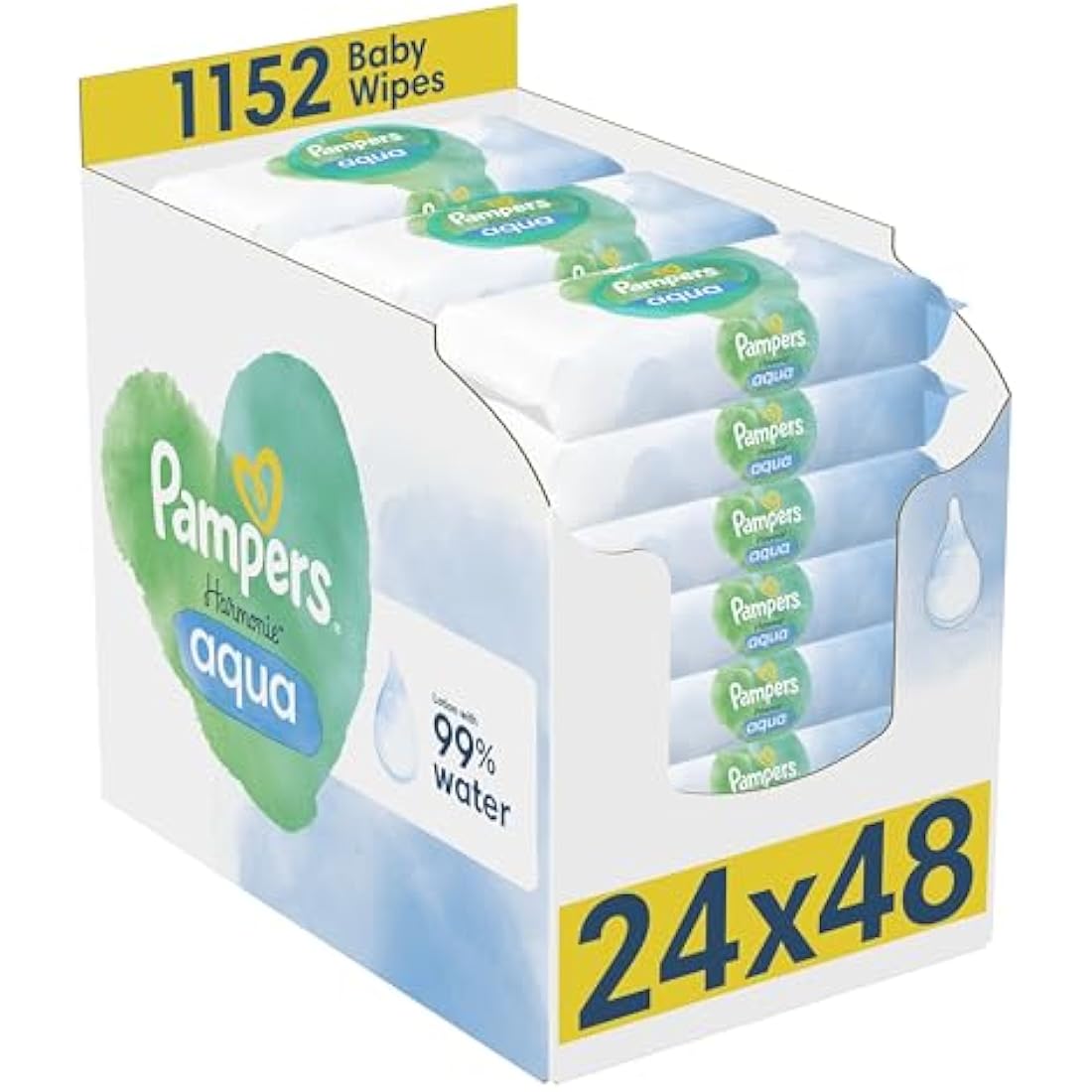 Pampers Harmonie Aqua Baby Wipes Plastic Free 24 Packs of 48 Wipes, 1152 Baby Wet Wipes, Help restore natural skin pH, Delicate lotion with 99 percent water
