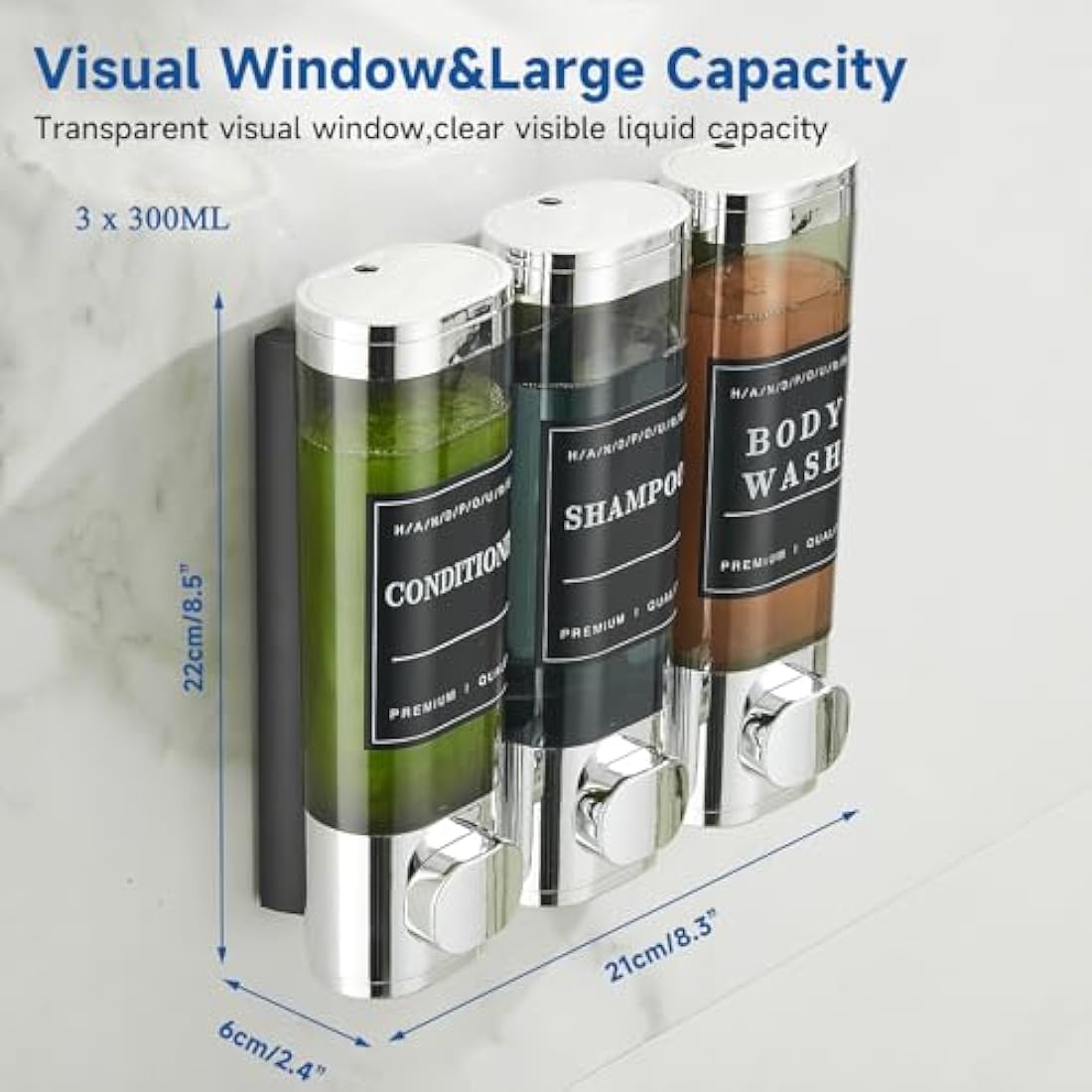 Unisense 3 Chamber Wall-Mounted Shampoo and Conditioner Dispenser for Shower - No Drill, Large Capacity, Chrome