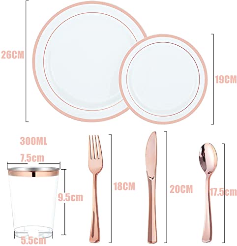 LATERN 150Pcs Multi-Use Rose Gold Plastic Dinnerware Set, 25 x Reusable Dinner Plates, 25 x Salad Plates, 25 x Knive, 25 x Mini Forks, 25 x Spoons, 25