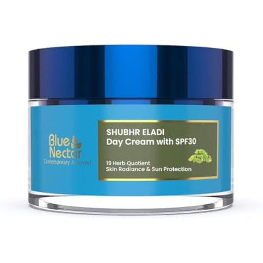 Blue Nectar Natural Face Moisturizer With SPF 30, Ayurvedic Brightening Day Face Cream for Skin Glow with Eladi Kumkumadi,Turmeric and Almond (Women, 19 Herbs, 50g)