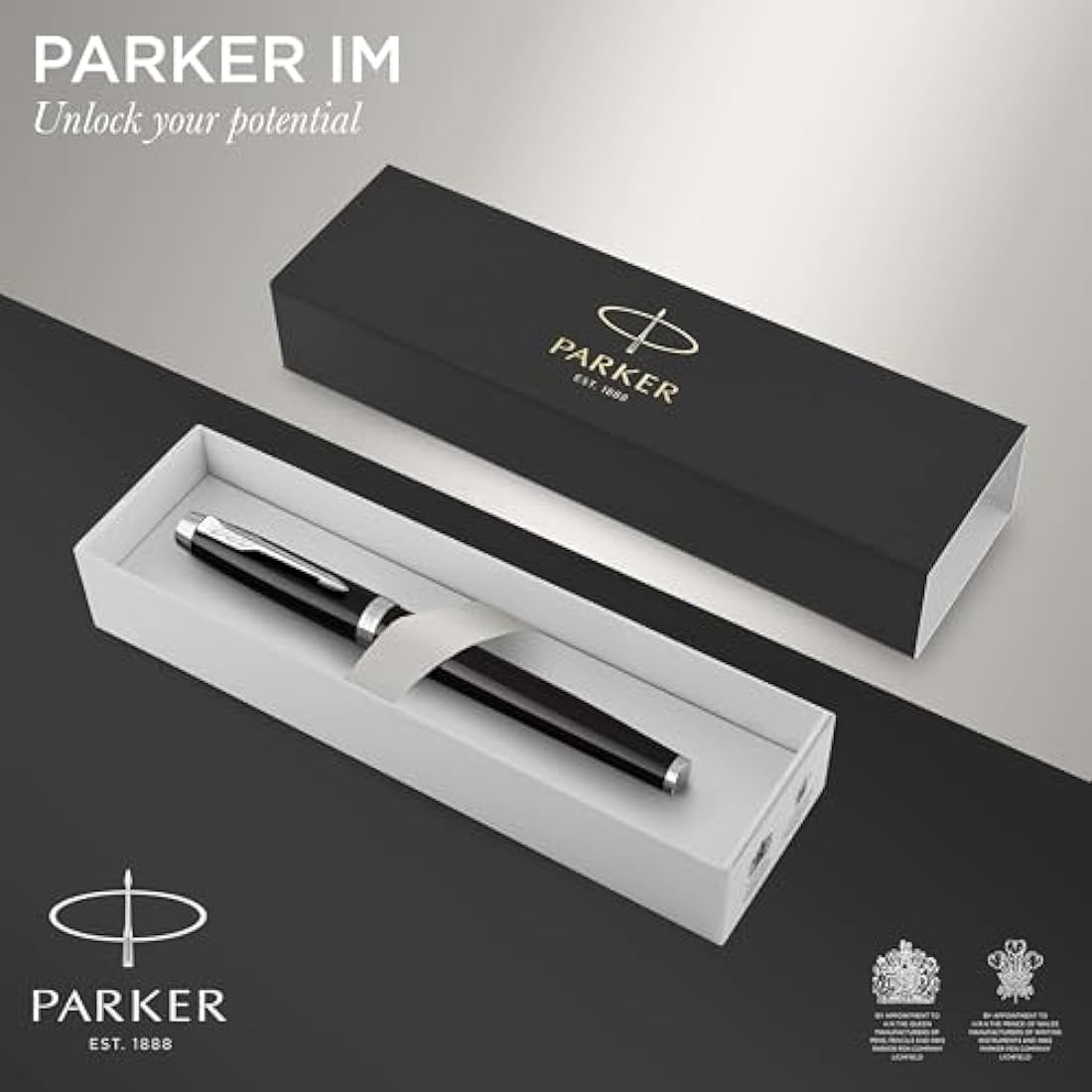 Parker IM Fountain Pen | Black Lacquer with Chrome Trim | Fine Nib with Blue Ink Refill | Gift Box
