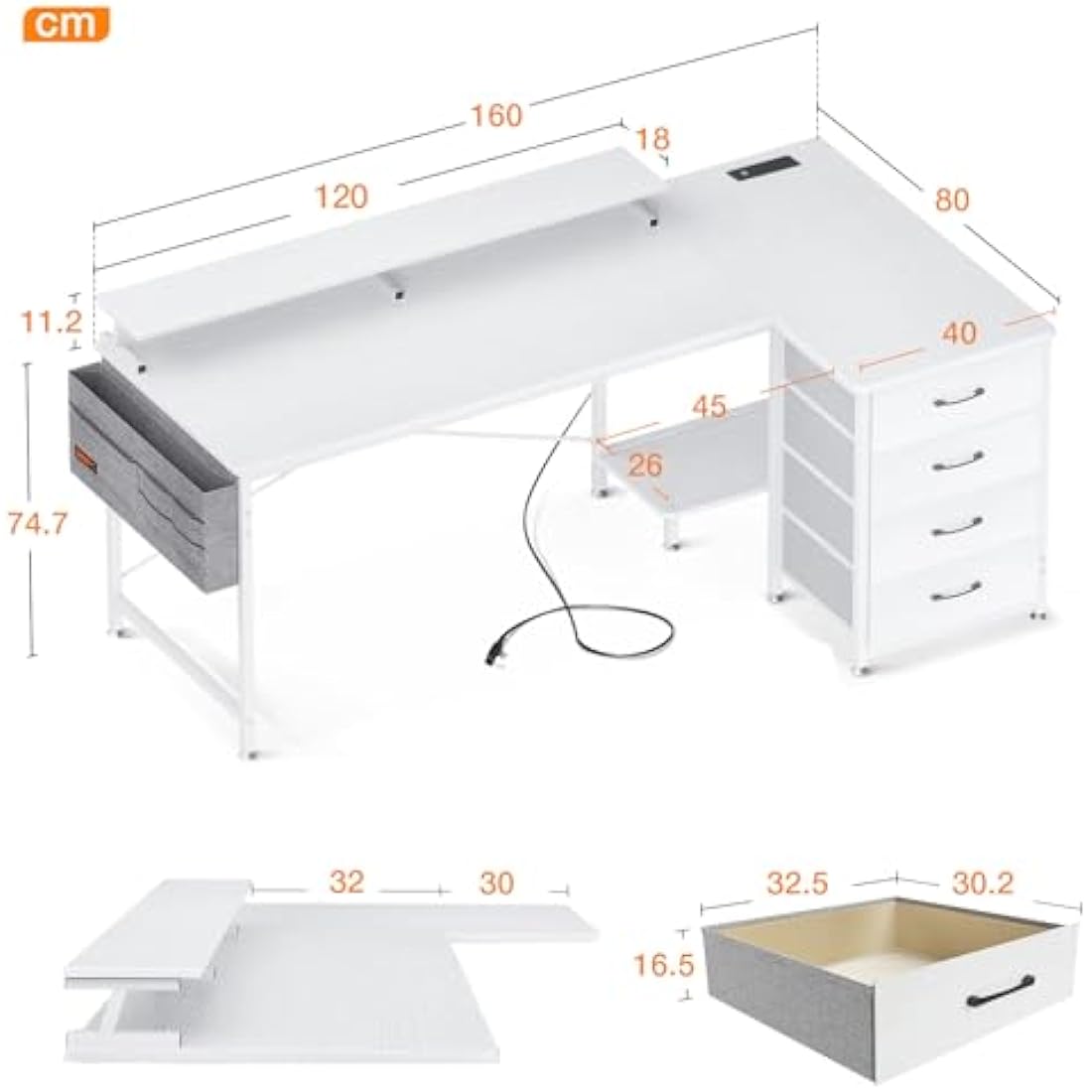 ODK Corner Desk with Drawers, L Shaped Computer Desk 160x80cm with USB Charging Port & Power Outlet, Home Office with Monitor Stand and PC Stand, Gaming Desks Workstations, White