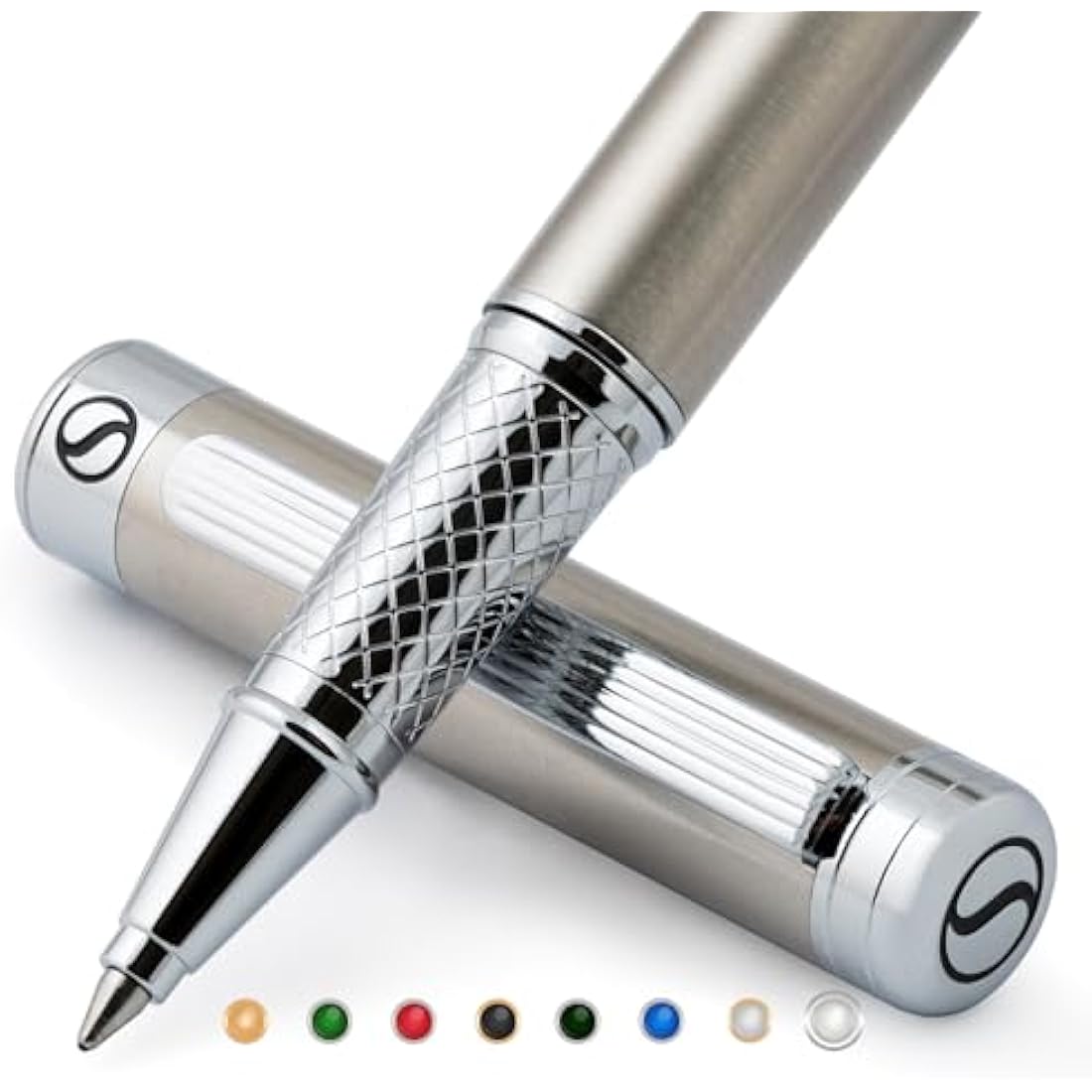 Scriveiner Stainless Steel Rollerball Pen - Stunning Luxury Metal Pen with Silver Chrome Finish, Schmidt Ink Refill, Best Roller Ball Pen Gift Set for Men & Women