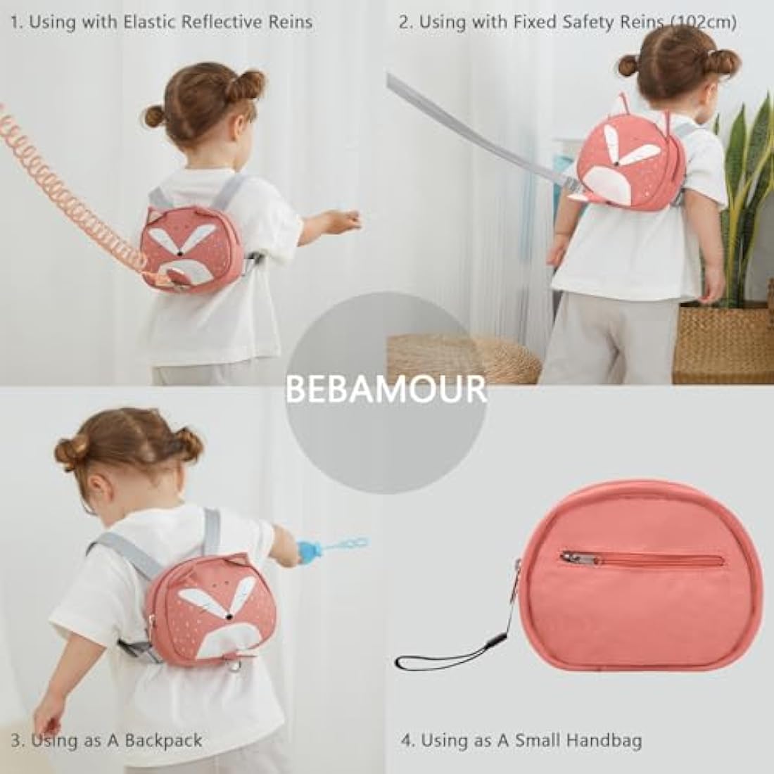 Bebamour Animal Toddler Backpack with Reins Mini Bag with Safety Leash for Children Portable Backpack Rucksack with Safety Harness for Boys and Girls, Orange