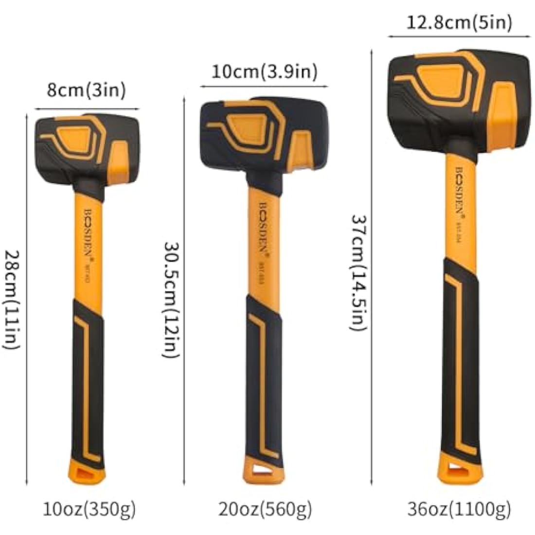 BOOSDEN Rubber Mallet Set, 3-Pack 10 oz 20 oz and 36 oz, With Hook, Solid Head & Ergonomic Grip Handle, Soft Face Hammer for Flooring, Woodworking