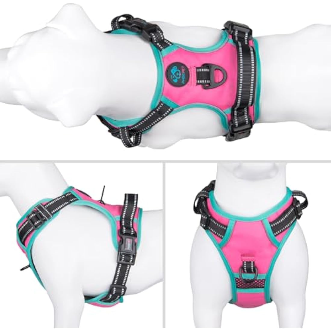 PHOEPET Upgraded No Pull Dog Harness, Reflective Adjustable Vest, with a Training Handle + 2 Metal Leash Hooks+ 3 Snap Buckles +4 Slide Buckles(S, Pink)