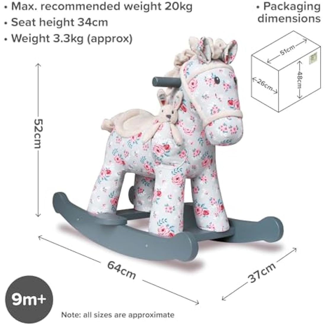 Little Bird Told Me - Lily & Rose Rocking Horse for Baby/Toddler 9+ Months Unisex - Grey & Pink Floral Printed Fabric, Solid Wooden Frame & Rockers, Removable Plush Toy - British Brand Since 2007