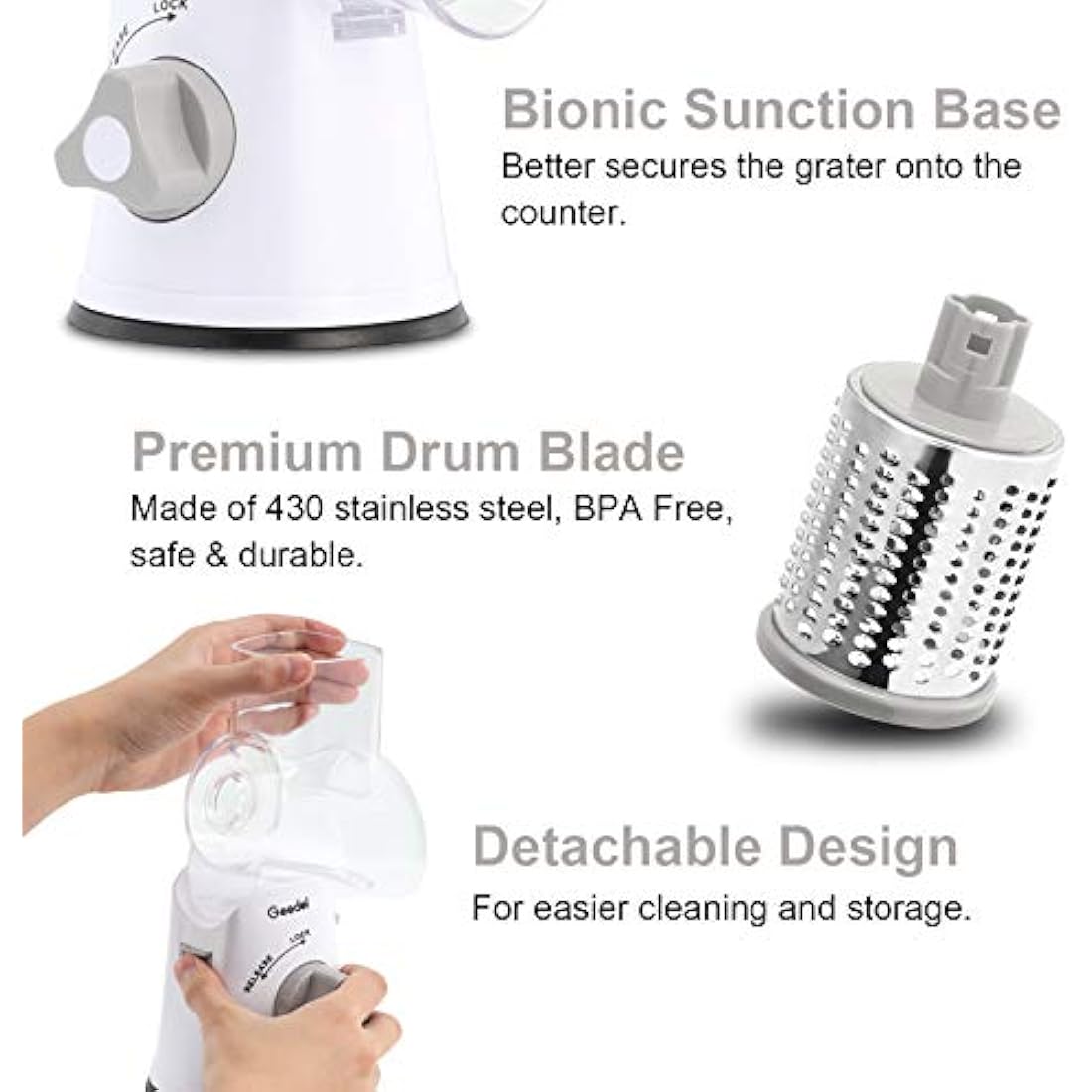 Rotary Cheese Grater, Vegetable Slicer with Three Drum Blades, Grater for Kitchen Faster and Easy Cutting, Rotary Drum Grater Ideal for Cheese, Cucumber, Carrot. etc.