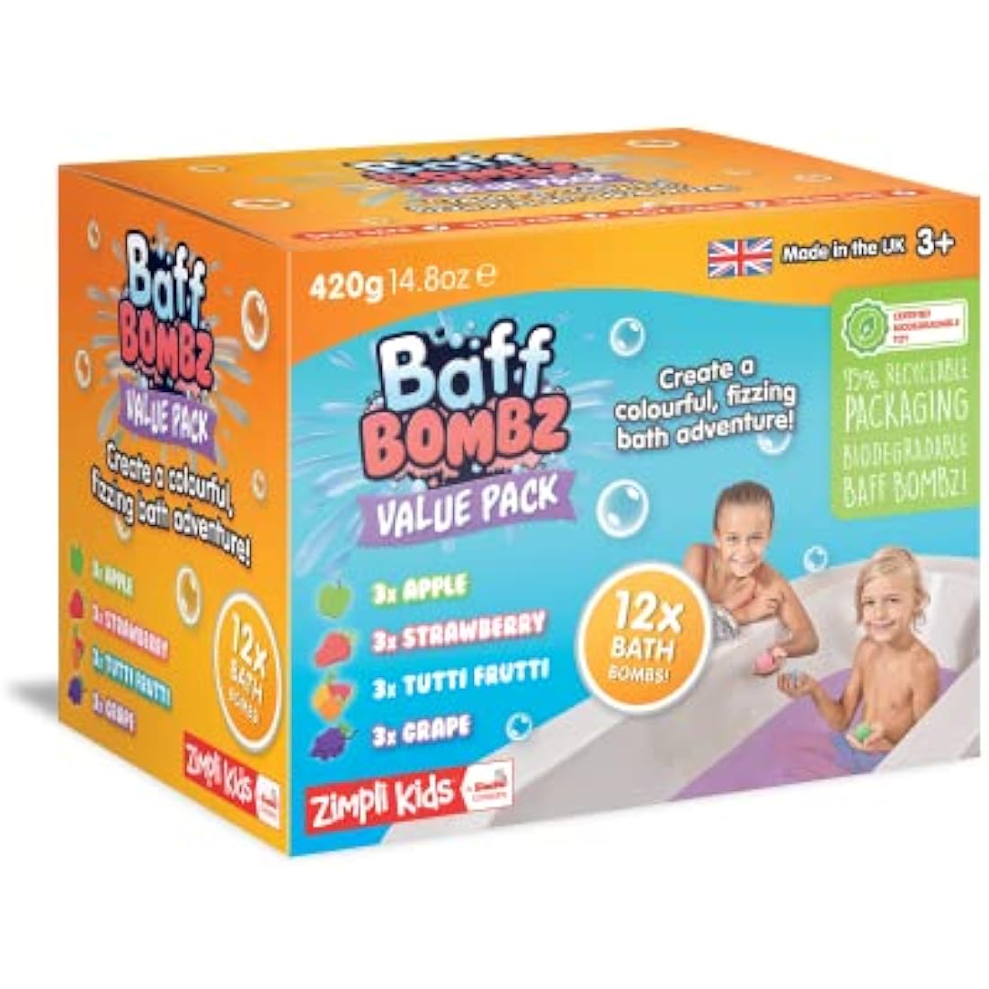 Zimpli Kids - 12 x Baff Bombz, Moisturizing Spa Bath Bombs Gift Set, Birthday Present for Children, Party Bag Fillers Favours, Rewards, Organic & Vegan Friendly, Bath Fizzers, Fizzies, Non-Toxic