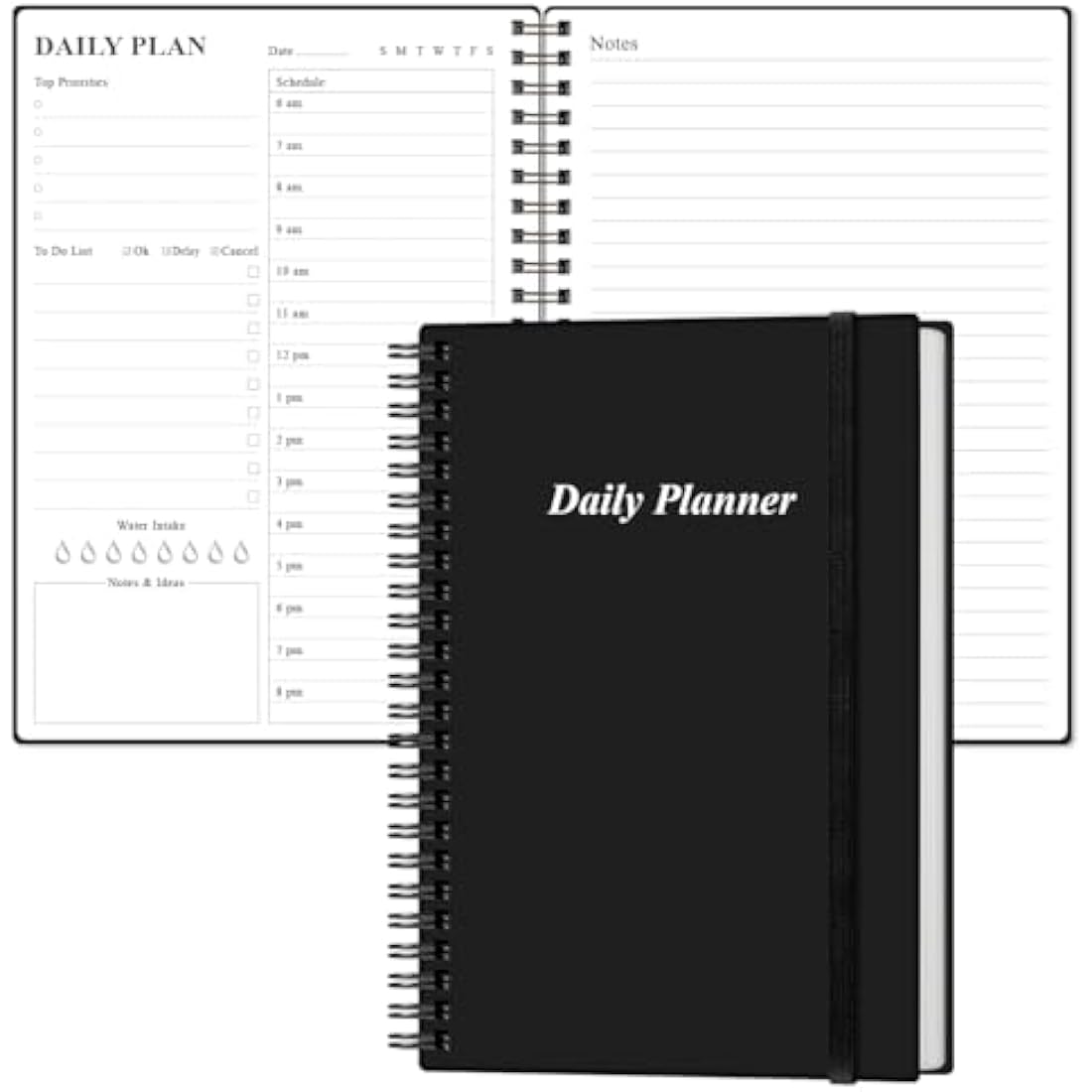 Daily Planner Undated - A5 To Do List Notebook Hourly Schedules, Spiral Appointment Planner for Women and Men, PVC Hardcover, Inner Pocket, Elastic Closure, 5.8" x 8.5", Black