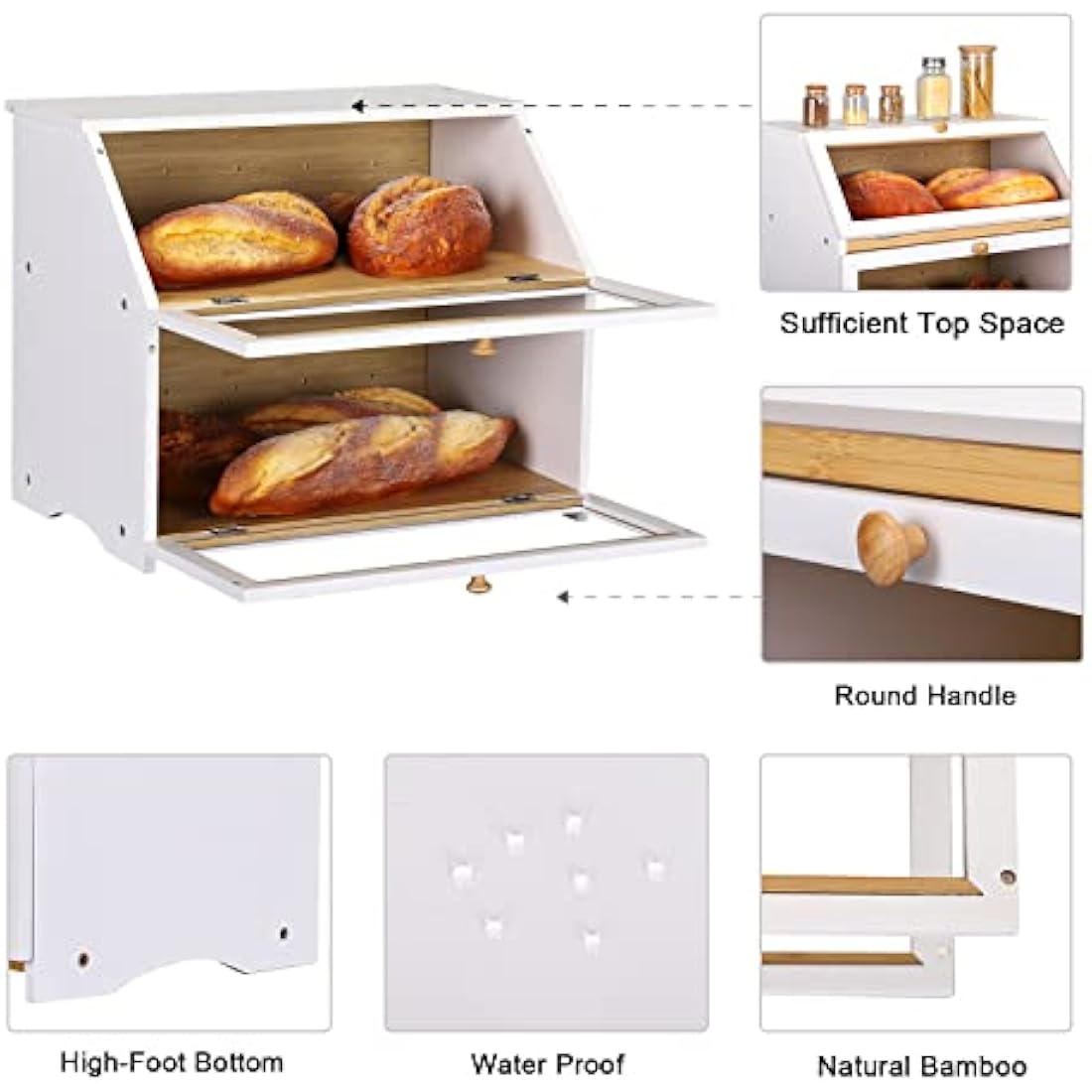 Leader Accessories Double Decker Bamboo Bread Bin 2-Layer Bread Box Large Capacity Bread Storage for Kitchen 15.3"x9.8"x12.6" White