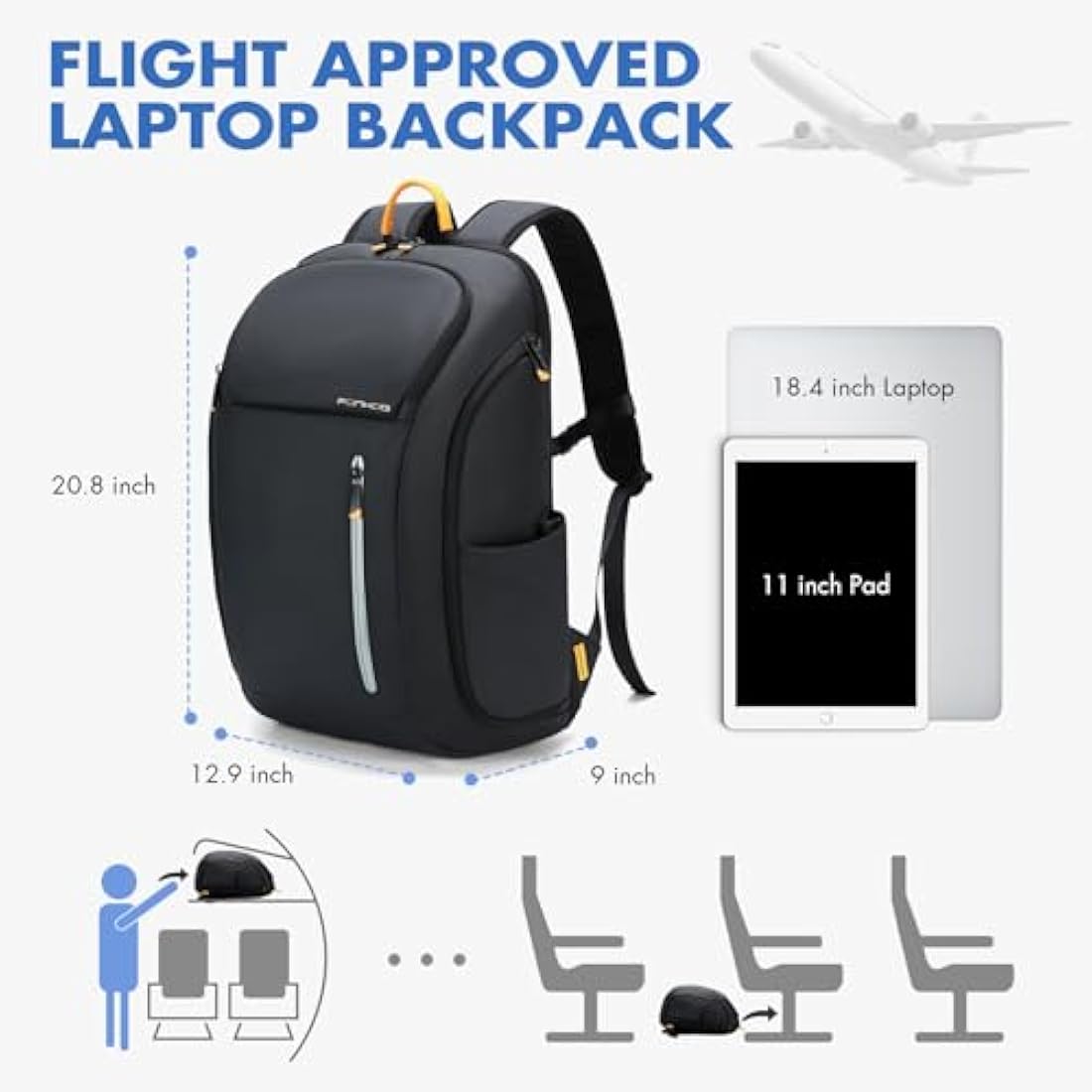 Ponhog Laptop Backpack for Men - 18.4 Inch Large Travel Backpack,40L Tech Backpack with USB Charging Port Anti-Theft Pocket,900D Smart Rucksack for College Business Work Overnight Black