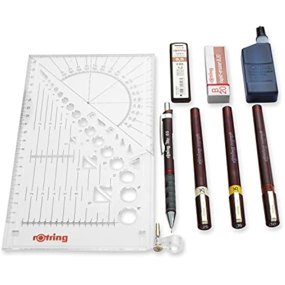 rOtring Isograph Fineliner Pen & Pencil College Set | 3 Technical Pens (0.25mm, 0.35mm, 0.50mm) and Mechanical Pencil (0.5mm) + Accessories