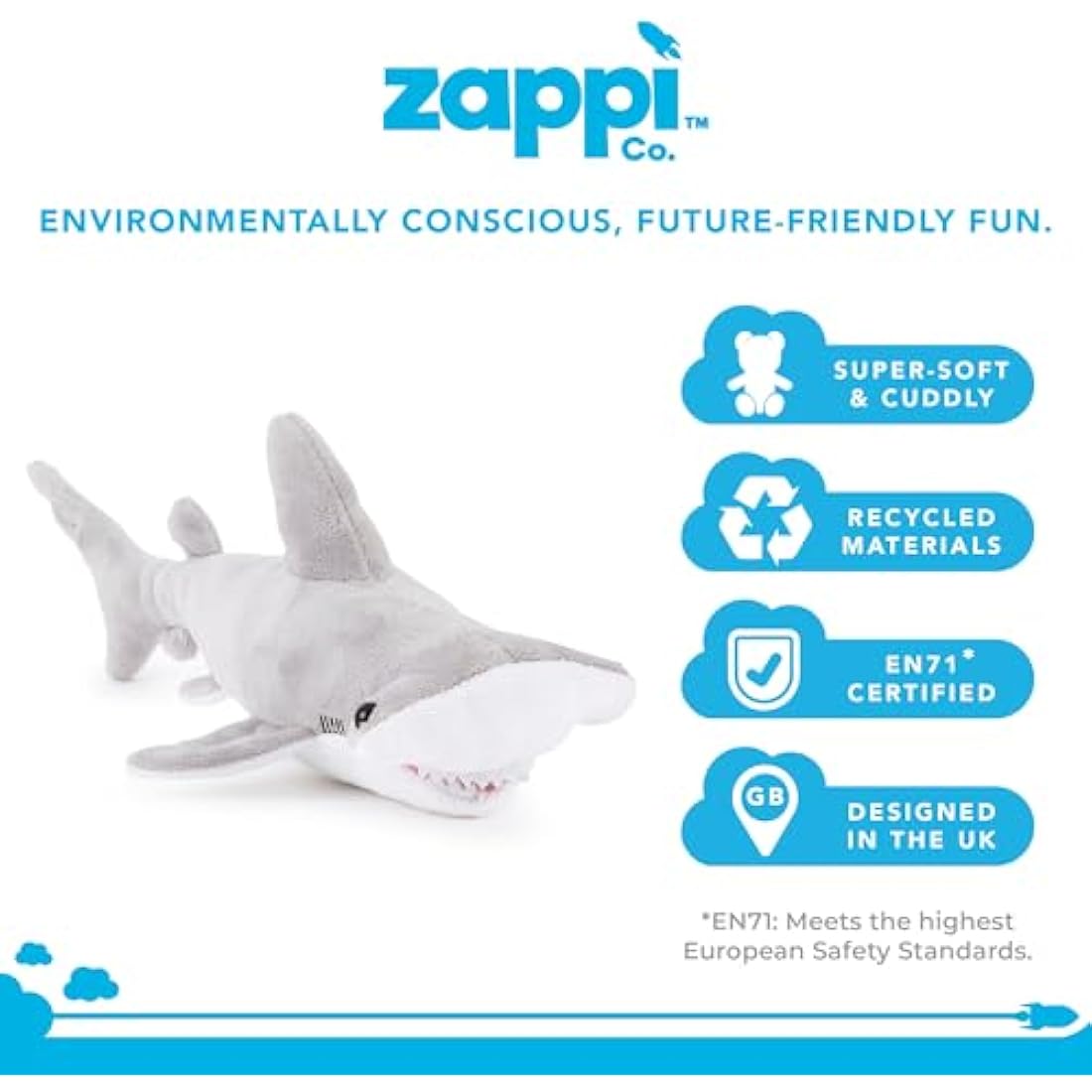 Zappi Co Ultra Soft Hammerhead Shark Plush Toy (26cm Length) - 100% Recycled, Eco-Friendly, Newborn Gift, Realistic Lifelike