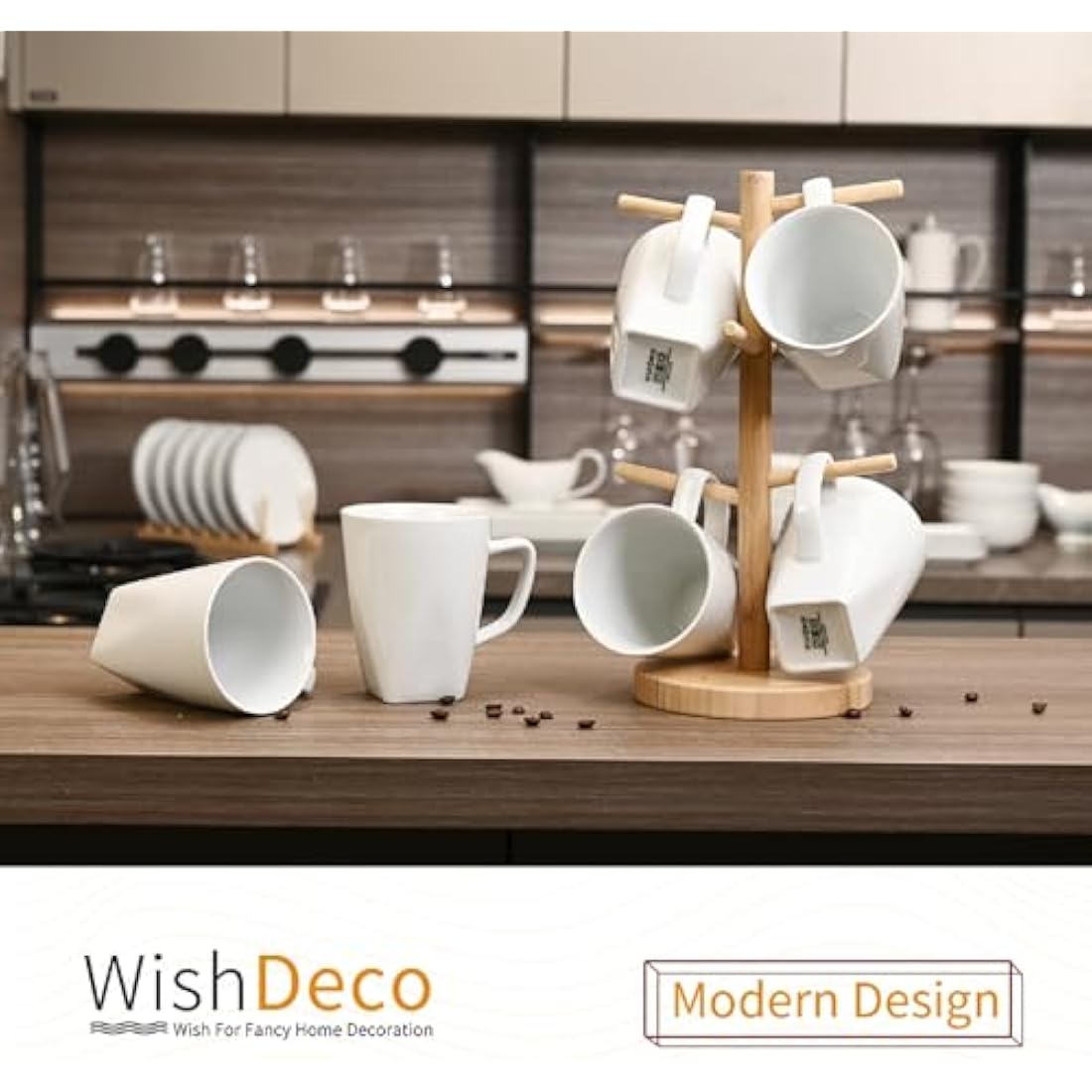 WishDeco Coffee Mugs Set of 6, White Mugs with Handle, 400ml / 14oz Porcelain Coffee Cups, Tea Cups, Large Mugs for Milk, Juice, Hot Chocolate, Latte, Square Bottom
