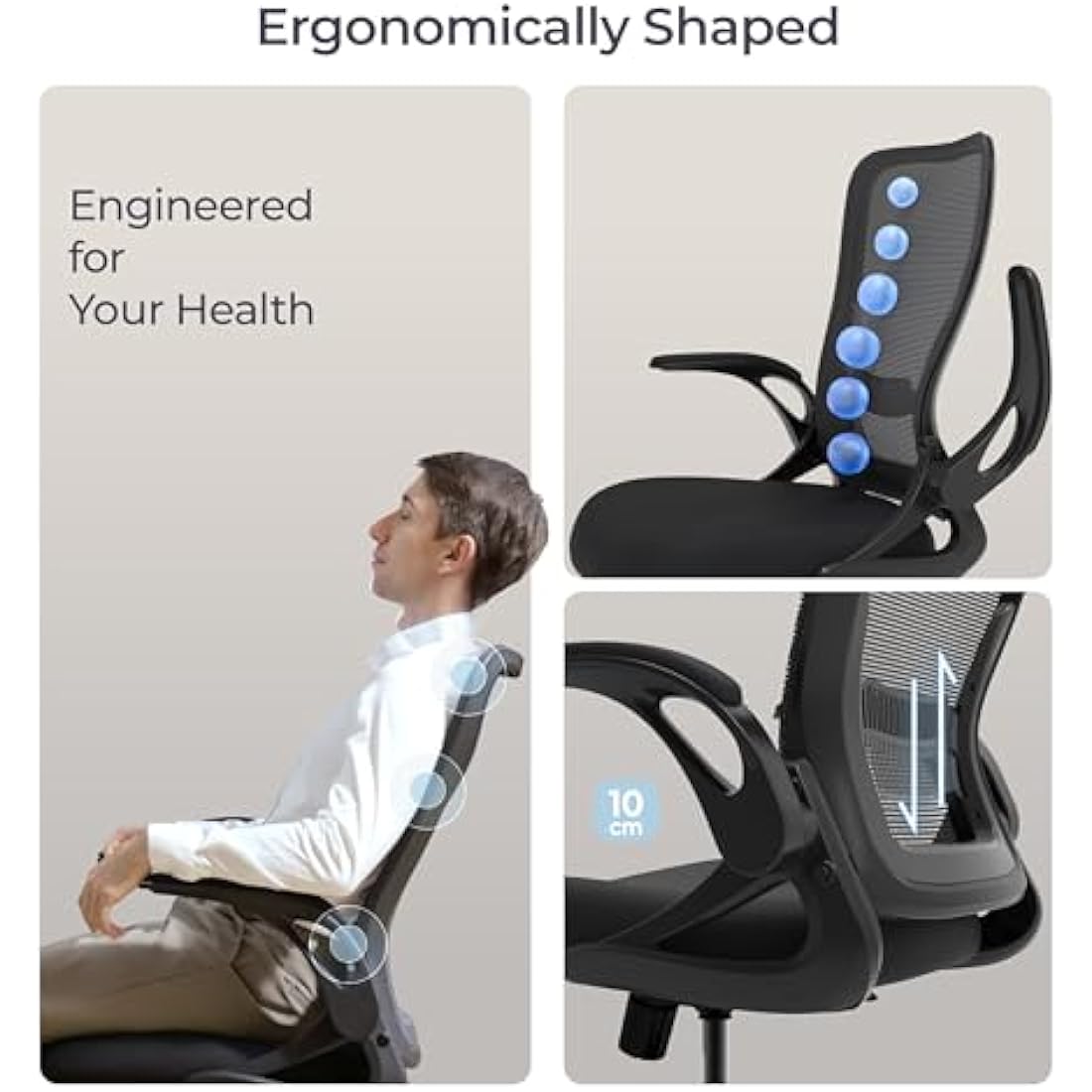 Tervo Model U | Folding Office Chair for Small Spaces | Ergonomic Design with High Rebound Mesh | Computer Desk Chair for Gaming | For Adults & Kids | Foldable & Compact with Flip Up Arms