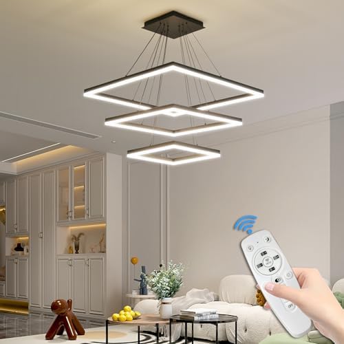 Modern LED Chandelier, 3 Ring Square LED Pendant Ceiling Light, Dimmable Foyer Chandelier Lighting Fixture, Adjustable Height Over Table Hanging Light for Living Room, Dining Room,Entryway