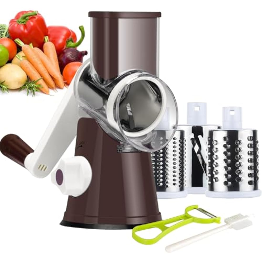 Ourokhome Rotary Cheese Grater Round Mandolin Slicer, Handheld Hashbrown Shredder with 3 Drum Blades, Kitchen Manual Speed Walnut Grinder for Potato, Carrot, Vegetables, Nuts, Zucchini (Coffee)