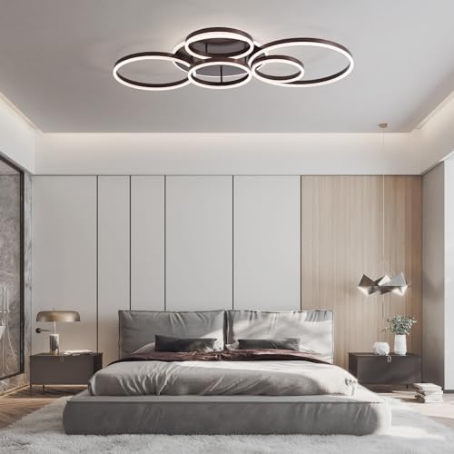 Minifair Dimmable Ceiling Light, 116Cm Flush Mount, 108W 6400Lm, 6 Rings, Brown, Living Room