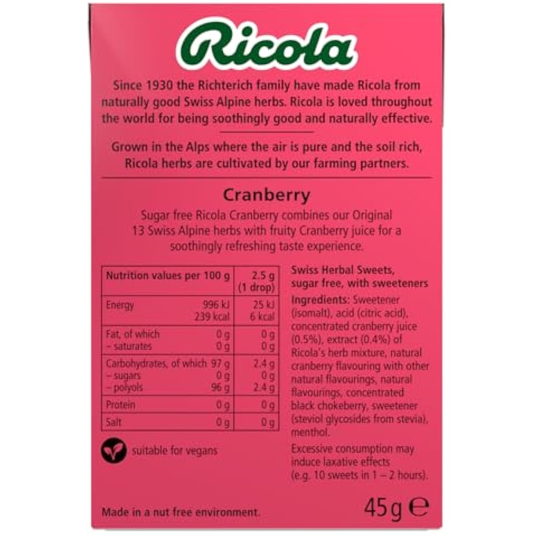 Ricola Cranberry Sugar Free Swiss Herbal Sweets, Herb Drops, Sweet Box 45g - Pack of 20 Boxes