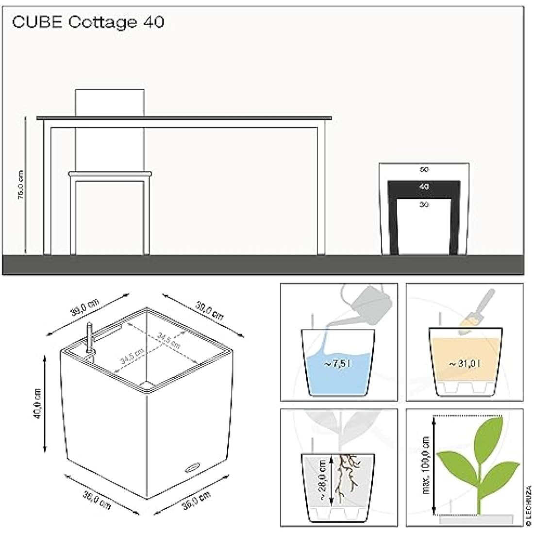 Lechuza Self Watering Plant Pots CUBE Cottage 40 Rattan Look Plastic Garden Outdoor Indoor Planter with Drainage Hole H40 L40 W40 cm Granite