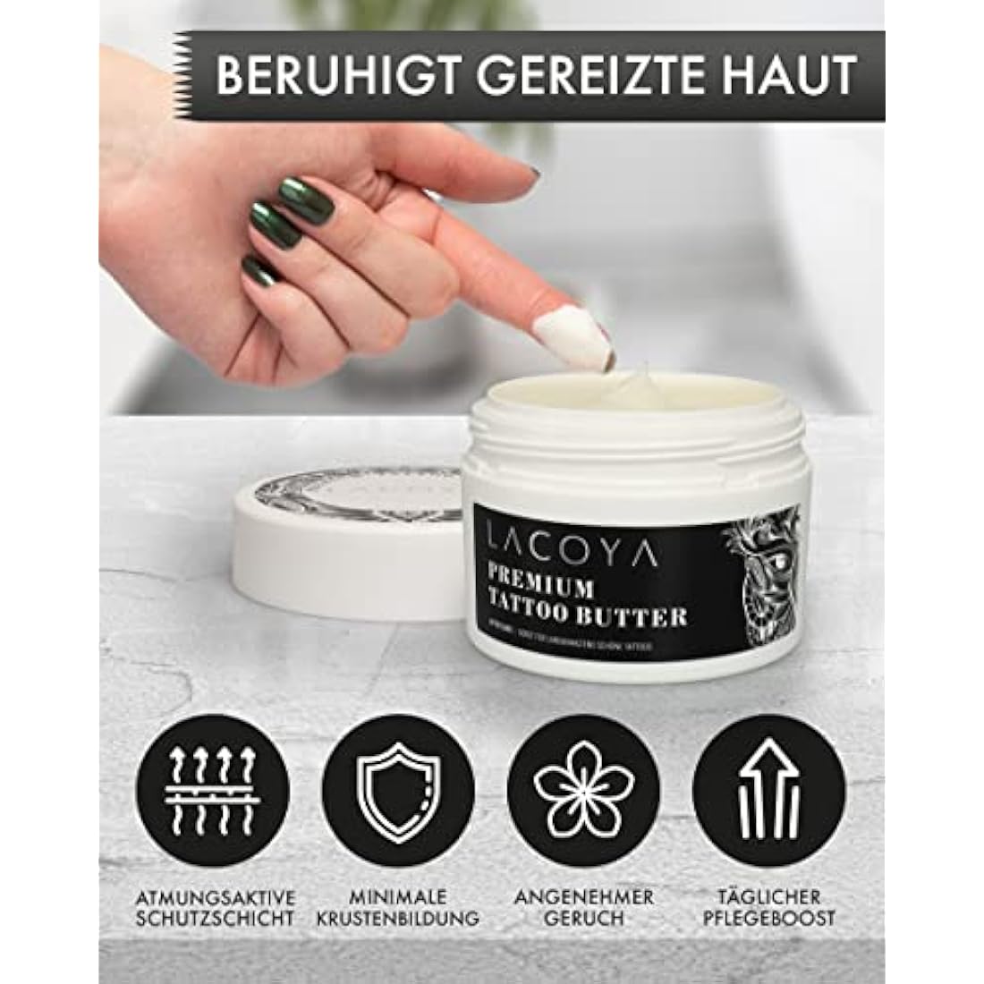 LACOYA® - Premium tattoo butter for freshly tattooed skin - care cream for daily tattoo after-care care care - tattoo cream with shea butter vegan breathable (made in Germany) - tattoo care balm