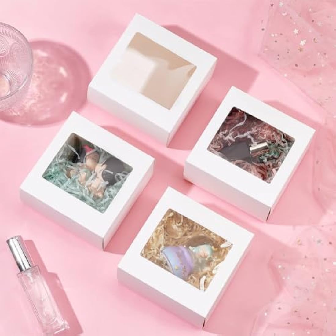 BENECREAT 18Packs 12x12x6cm Clear PVC Square Window Gift Boxes, White Kraft Paper Present Boxes for Showers, Weddings, Birthday Parties