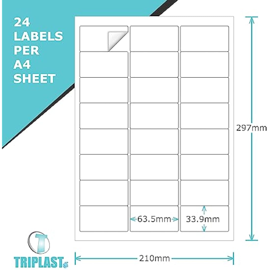 Triplast 50 x Multipurpose A4 Label Sheets - 24 Labels Per Sheet (64 x 34mm Each) - Easy Peel White Labels for Inkjet & Laser Printer - Address Labels, Shipping Labels, File Labels, DIY Stickers