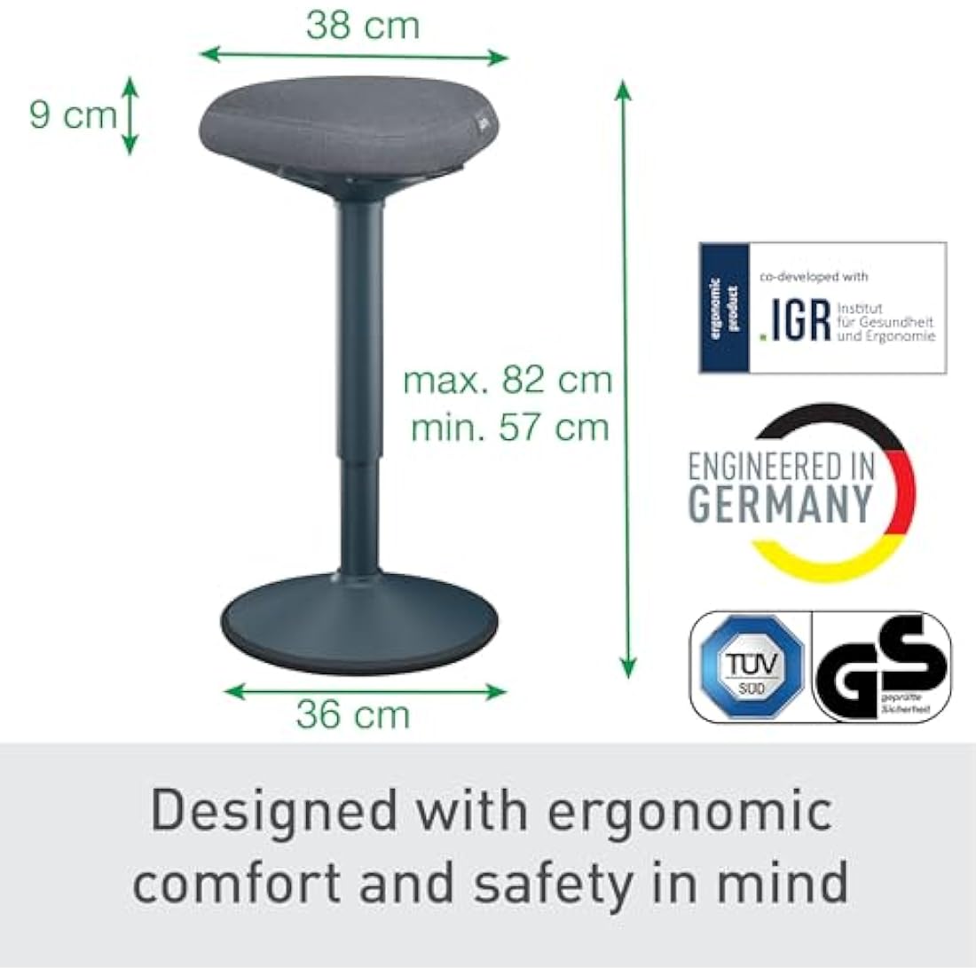 Leitz Ergo Active Standing Stool with Unique Dual Density Foam Comfort Cushion, Height Adjustable 57 to 82cm, 100% Post Consumer Recycled Seat Cover, Supports 110kg, Ergo Range, Dark Grey, 65450089