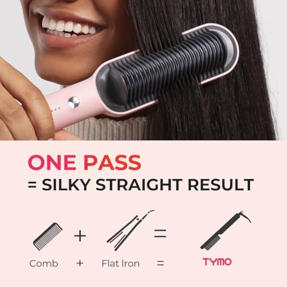 TYMO Hair Straightener Brush UK, Flat Iron and Hair Brush 2-in-1, Anti-Scald, Fast Heating, 5 Temp Settings (130℃-210℃), Professional Salon at Home, Wider Comb for Even Straightening, Pink