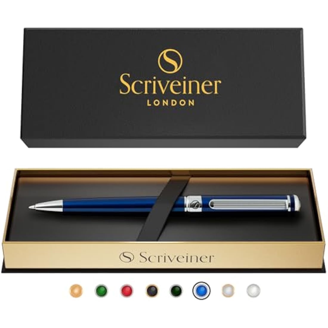 Scriveiner Midnight Blue Ballpoint Pen - Stunning Blue Lacquer Luxury Pen, Chrome Finish, Schmidt Black Refill, Best Ball Pen Gift Set for Men & Women, Professional Executive Office, Nice Designer Pen