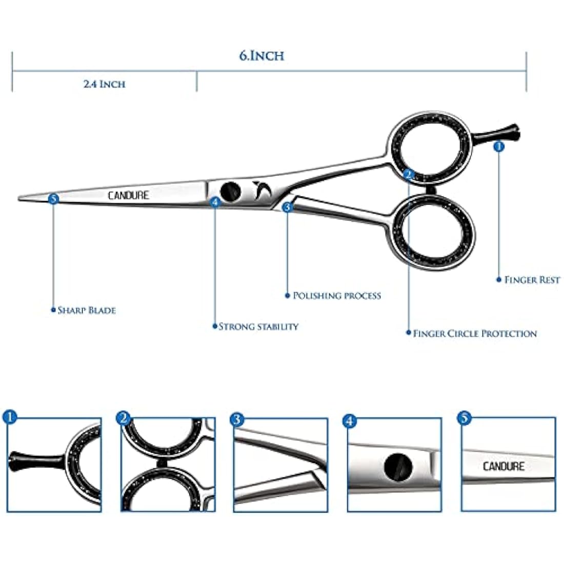 CANDURE Hairdressing Barber Hair Scissor for Professional Hairdressers Barbers Stainless Steel Hair Cutting Shears - For Salon Barbers, Men, Women, Children and Adults