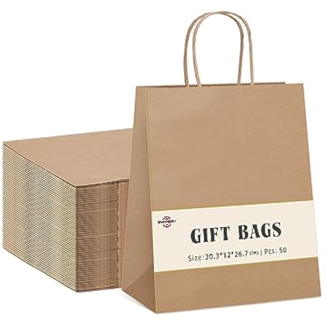 Switory Brown Gift Bags 50pcs, Kraft Party Bags 8x4.75x10.5 Inch Paper Bag with Twisted Handles for Party Favor, Thankgiving,Christmas,Birthday, Wedding