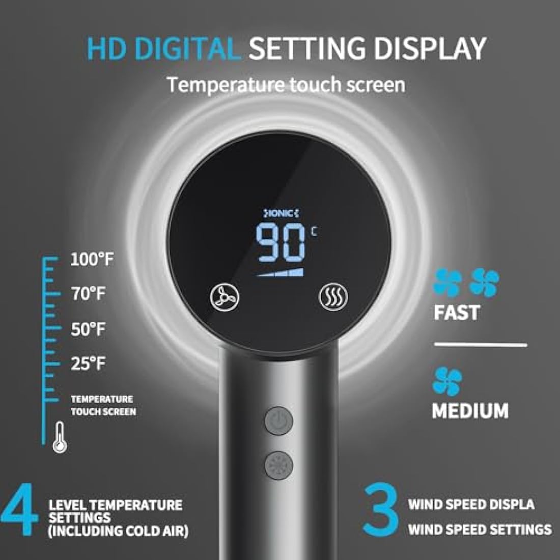 BAMCOO Hair Dryer Hairdryer Travel Hairdryers for Women Ionic Silent Hairdryer 1500W HD Display Temperature Touchscreen Low Noise Ion Hair Dryer 4 Temperature Settings (Grey)