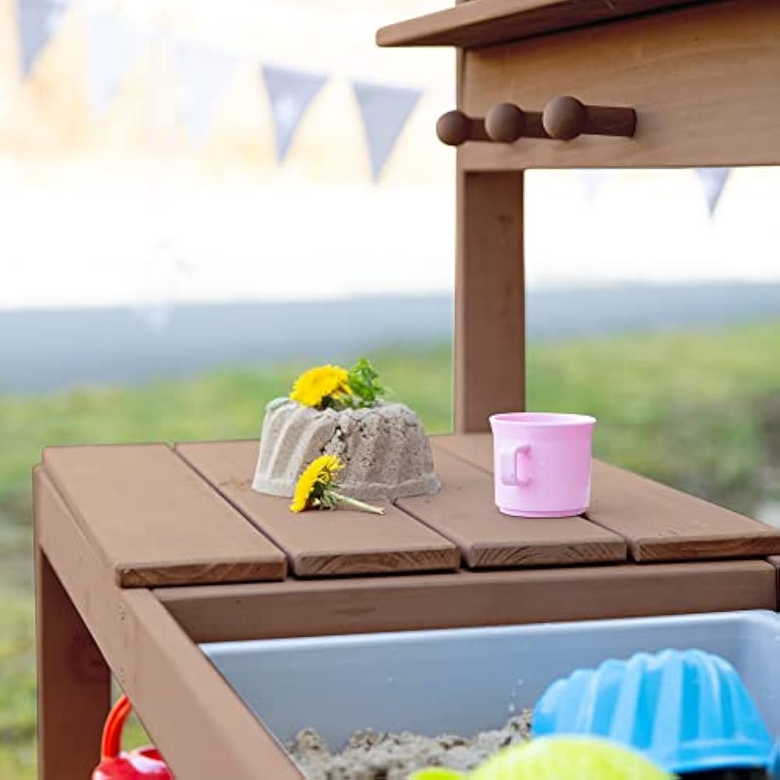roba Children's Outdoor Garden Kitchen Fun - Wooden mud kitchen with removable cover - 2 plastic tubs & shelf - Weather-resistant work table/outdoor play kitchen - Teak