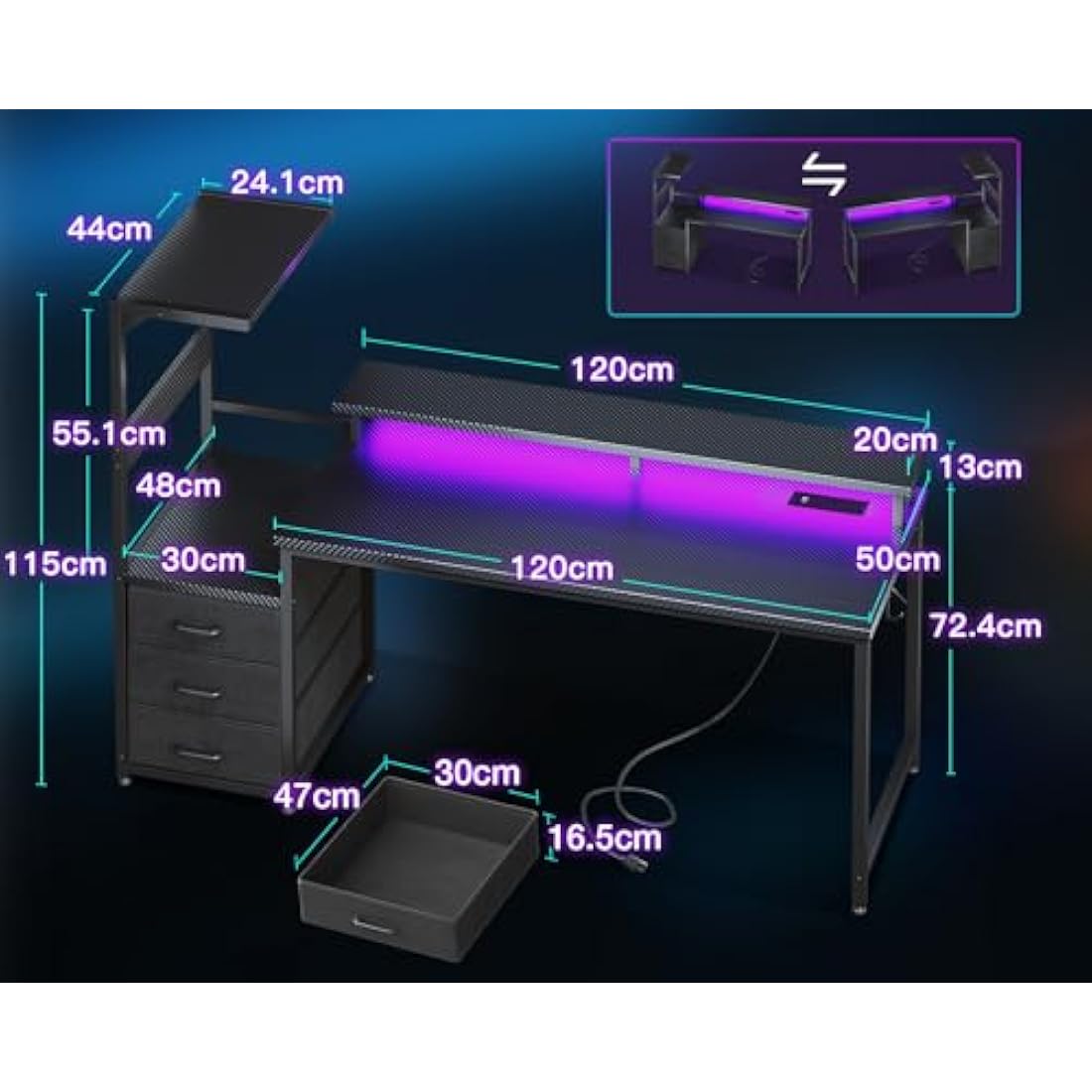 Coleshome 150×50 cm Gaming Desk with LED Lights & Power Outlet, Reversible Computer Desk with Drawers, Gaming Table with Storage & Monitor Stand, Carbon Fiber Black