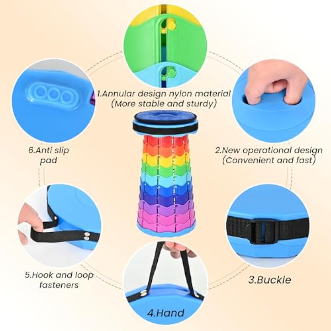 FXKS 2 Pack Portable Telescop Stool with Cushion,Retractable Folding Stool Max Load Capacity 400lbs, Lightweight Collapsible Stools for Fishing Camping Hiking Outdoor BBQ -Rainbow