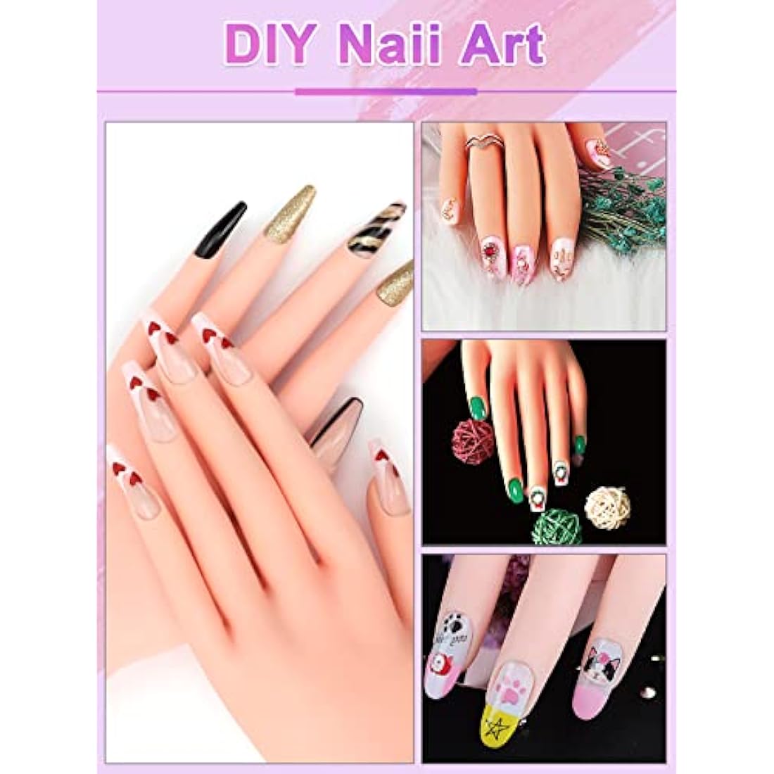 Deciniee Practice Hand for Acrylic Nails: Silicone Nail Practice Hand - 200 Pcs Nail Tips Professional Nail Hand Practice Model - Flexible Fake Hand Nail Art Hand Tools for DIY Nail Manicure