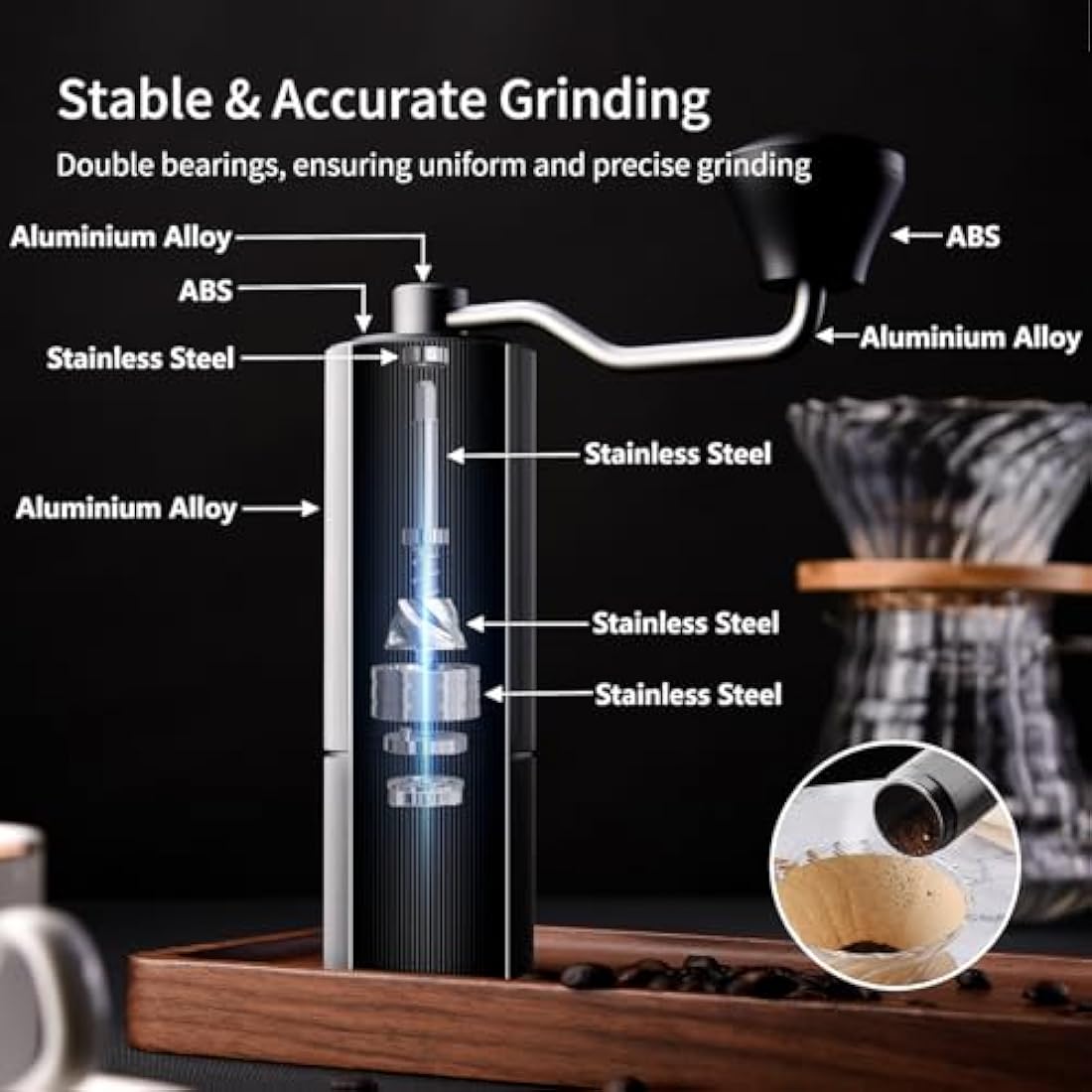 ELMWAY Manual Coffee Grinder – Stainless Steel Burr & Shaft, Dual Bearings, Lightweight Aluminium Body & Handle, Adjustable Grind, ABS Support Frame, Travel Pouch – Black