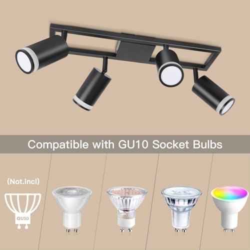 Dehobo LED Kitchen Ceiling Lights GU10, Black Ceiling Spotlights 4 Flames Swiveling 350°, Ceiling Light Bar Spotlight for Kitchen Bedroom Living Room, No Bulbs