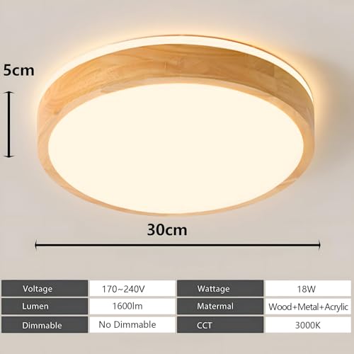 YYUTLUO LED Ceiling Light Wood, Top 360 Glow Round Natural Wooden Lamp | 3000K Warm White, 18W 1600lm | Living Room, Kitchen, Dining Room, Hallway,