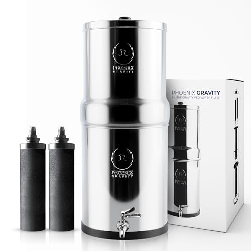 PHOENIX GRAVITY 6-Litre Stainless Steel Gravity Water Filter NSF Certified AISI 304 Countertop Water Filter System with 2 Smart (Black) Carbon Cartridges, Free Water Tap, No Power Or Plumbing Required