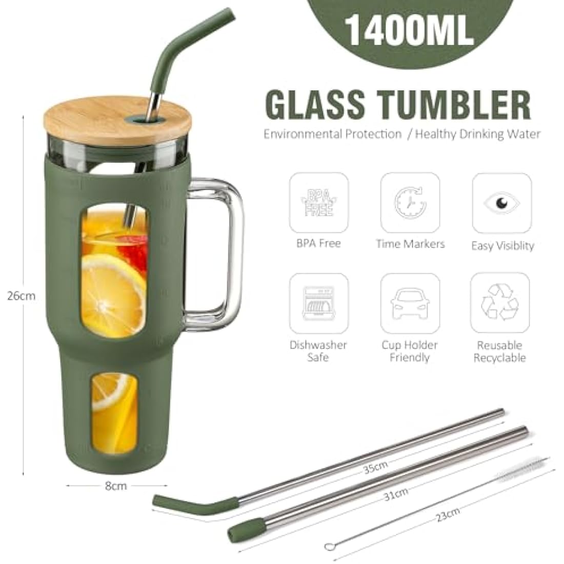 BLUEGO Glass Tumbler with Lid and Straw, 1400ml Iced Coffee Cup with Handle, Glass Water Bottles with Silicone Sleeve, 1.4L Glass Cup with 2 Straws, BPA Free, Olive