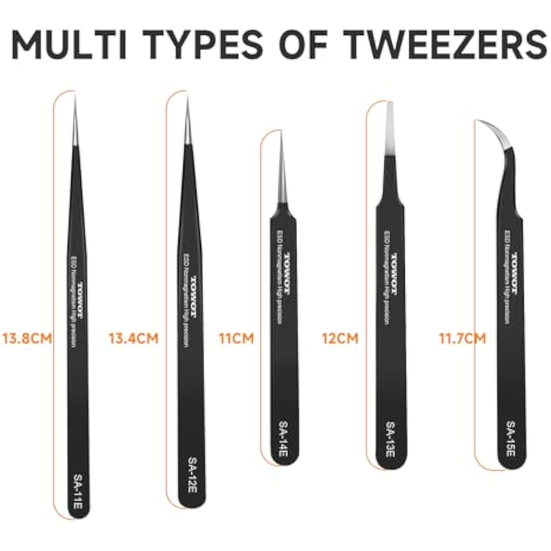 TOWOT 5PCS Precision Tweezers, Anti-Static Stainless Steel Tweezers for Electronics, Crafts, Welding, and Jewelry Making Industrial Tweezers